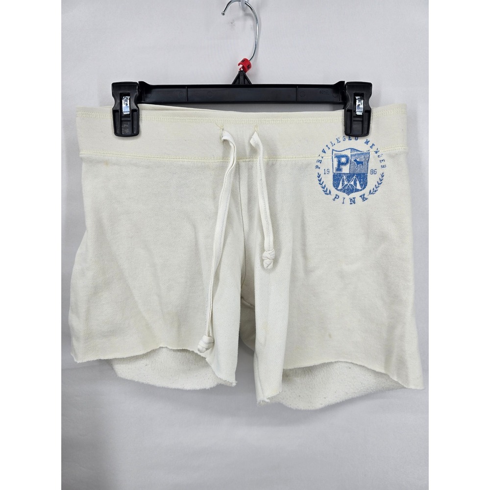 Victoria's Secret PINK Sweat Shorts Cream Blue Logo Raw Hem XS Collegiate Crest